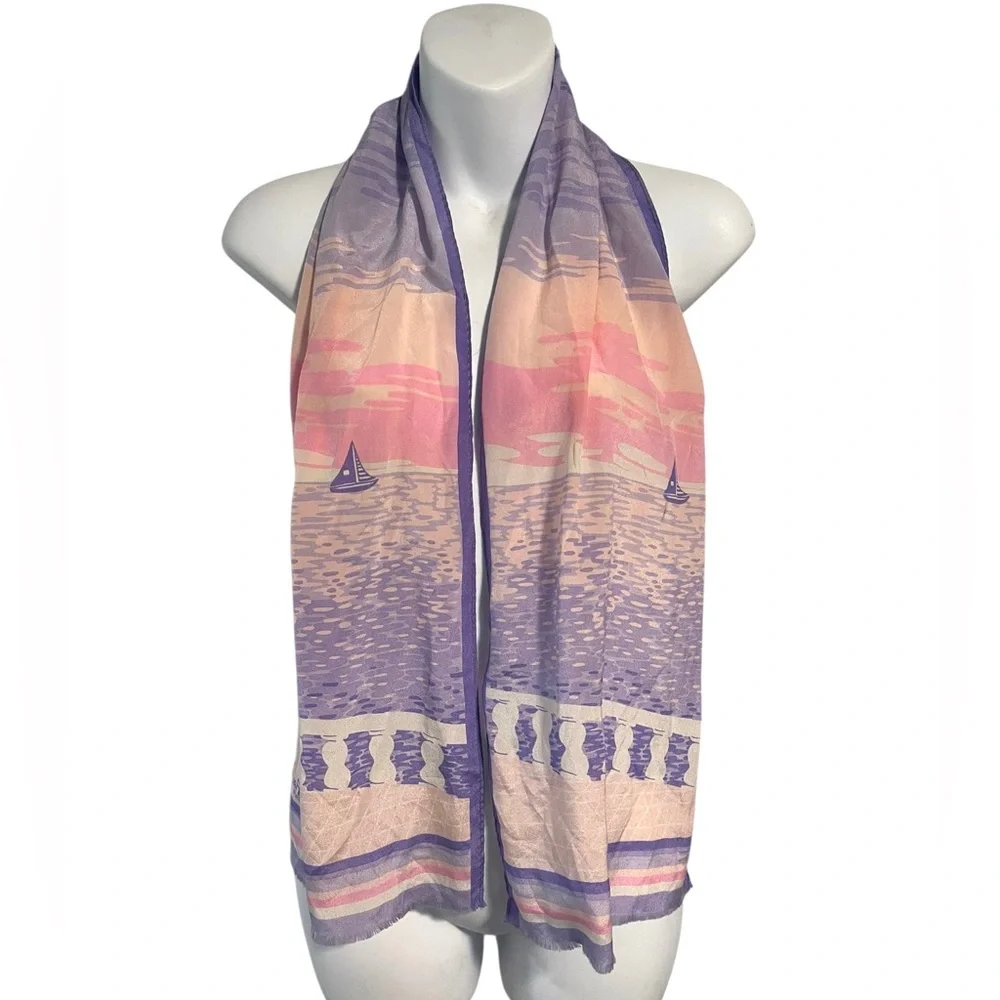 MADELEINE DE RAUCH Paris Silk Scarf Pink Purple Coastal Sailboat Scarf Or Belt